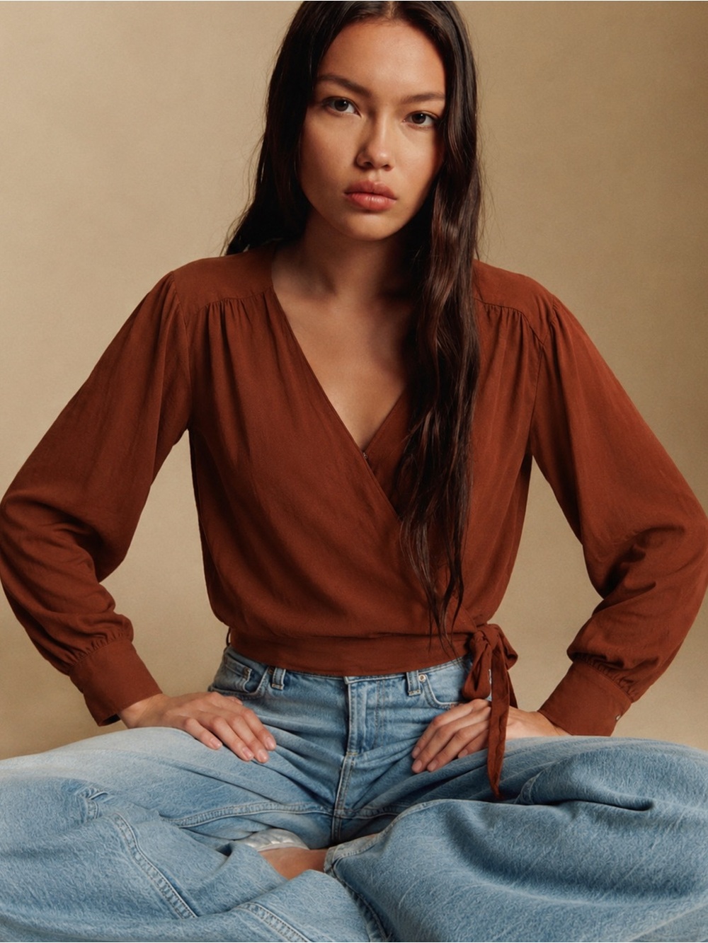 Frank And Oak Rust Wrap Blouse Tie Front Long Sleeve
